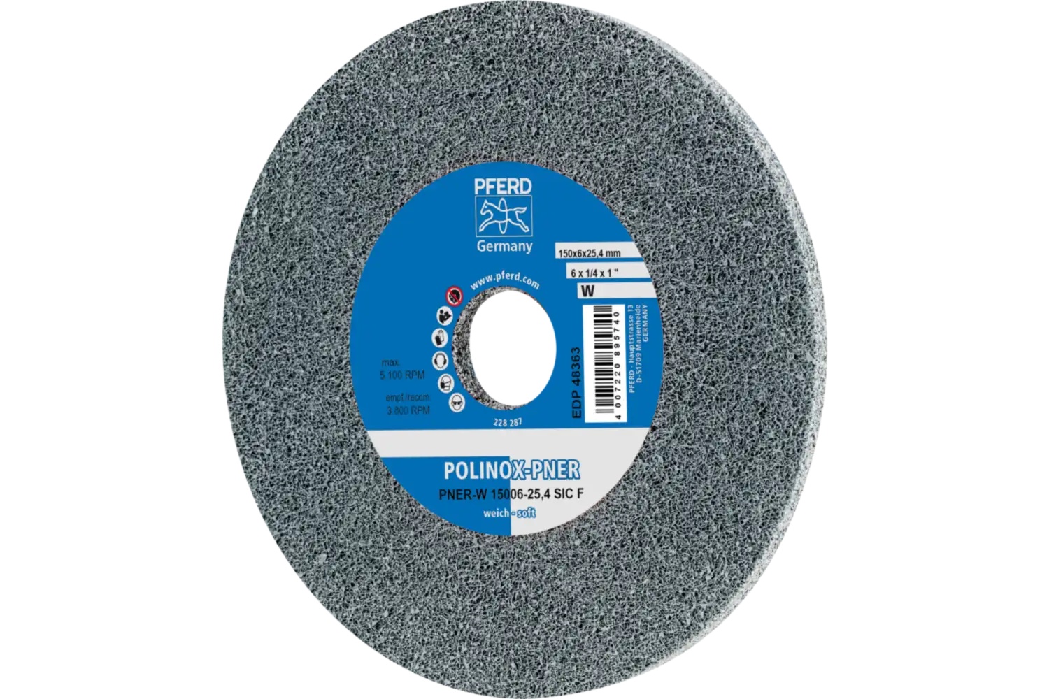 Picture of Pferd Polinox® Unitized Wheel, 6" X 1/4 X 1, Fine, Soft, 2Sf, Silicon Carbide